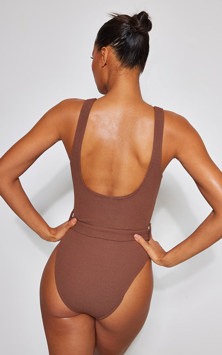 Chocolate Tie Waist Crinkle Swimsuit