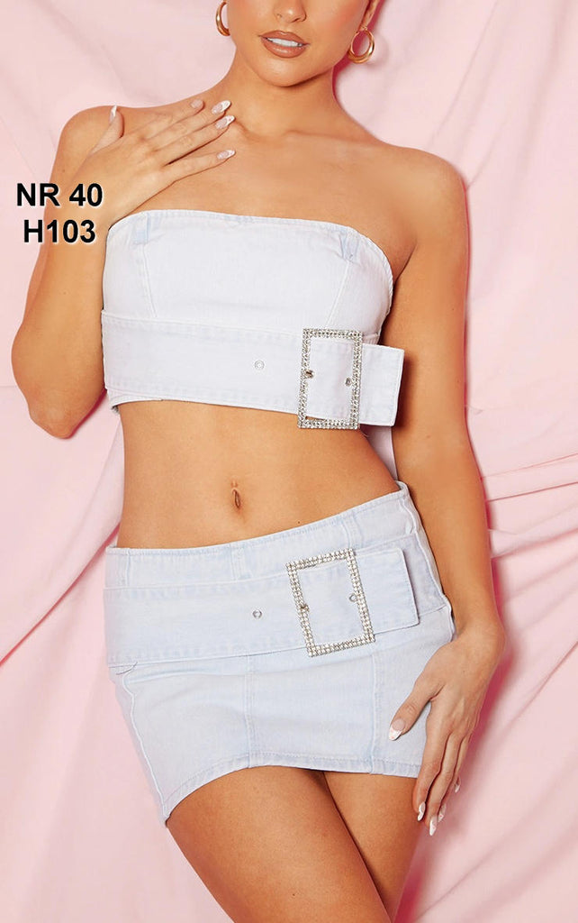Light Blue Diamanté Belt Detail Bandeau Denim Top
