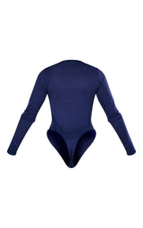 Bodysuit me mëngë të gjata dhe jakë katrore, ngjyrë blu e errët, i përshtatshëm pas trupit
