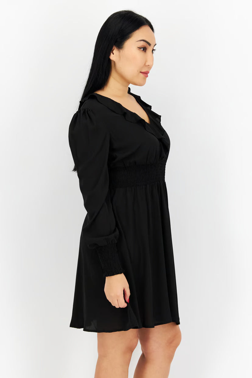 Women Ruffle Neck Long Sleeves Textured Mini Dress, Black