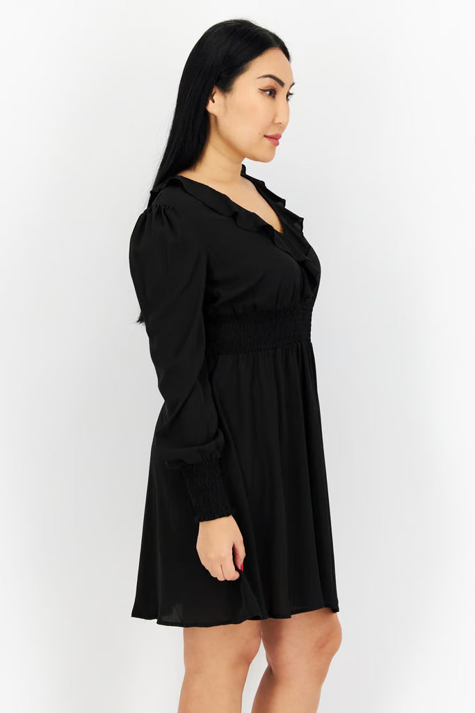 Women Ruffle Neck Long Sleeves Textured Mini Dress, Black