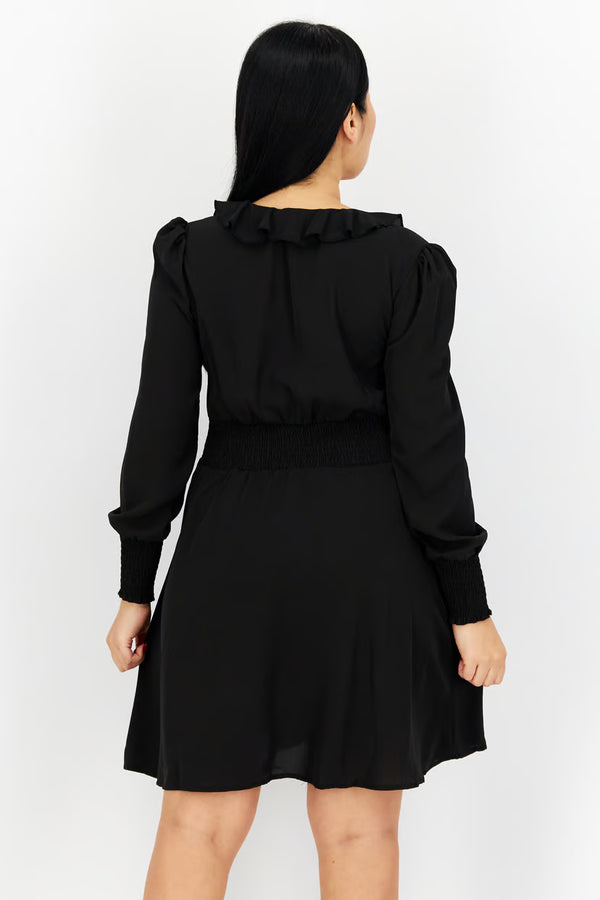 Women Ruffle Neck Long Sleeves Textured Mini Dress, Black