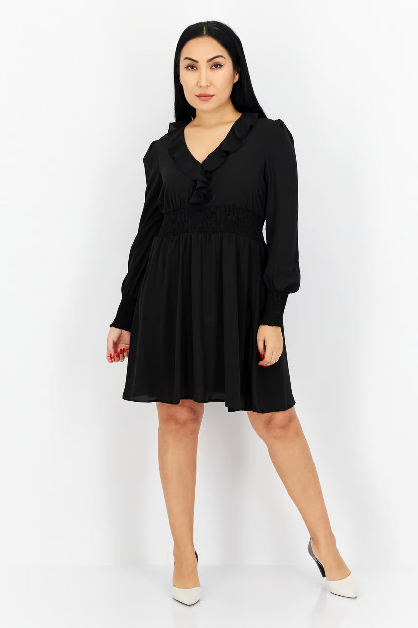 Women Ruffle Neck Long Sleeves Textured Mini Dress, Black