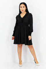 Women Ruffle Neck Long Sleeves Textured Mini Dress, Black