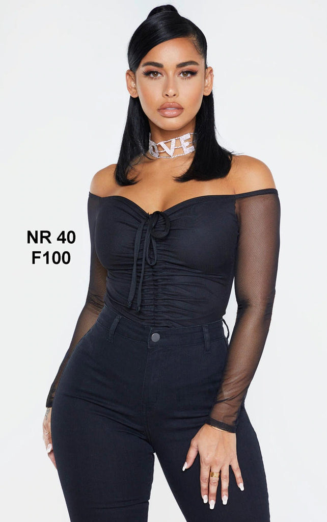 Shape Black Mesh Long Sleeve Ruched Bodysuit
