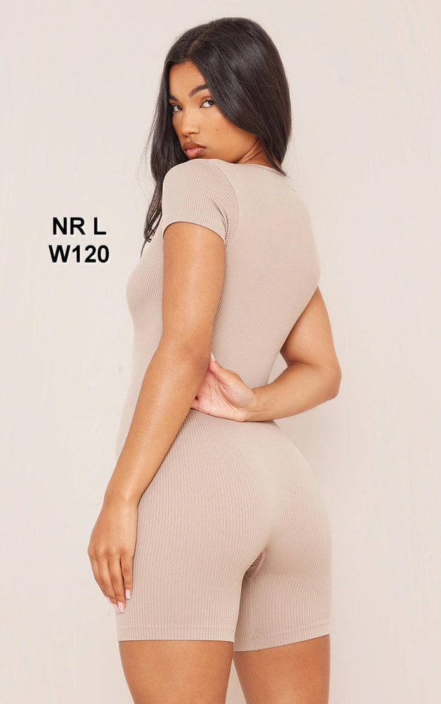 Stone Snatched Rib Short Sleeve Zip Front Unitard