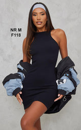 Black Contour Rib Racer Neck Bodycon Dress