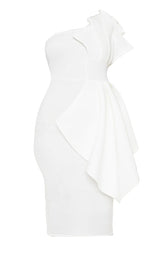 Plus White One Shoulder Pleated Detail Midi Dress