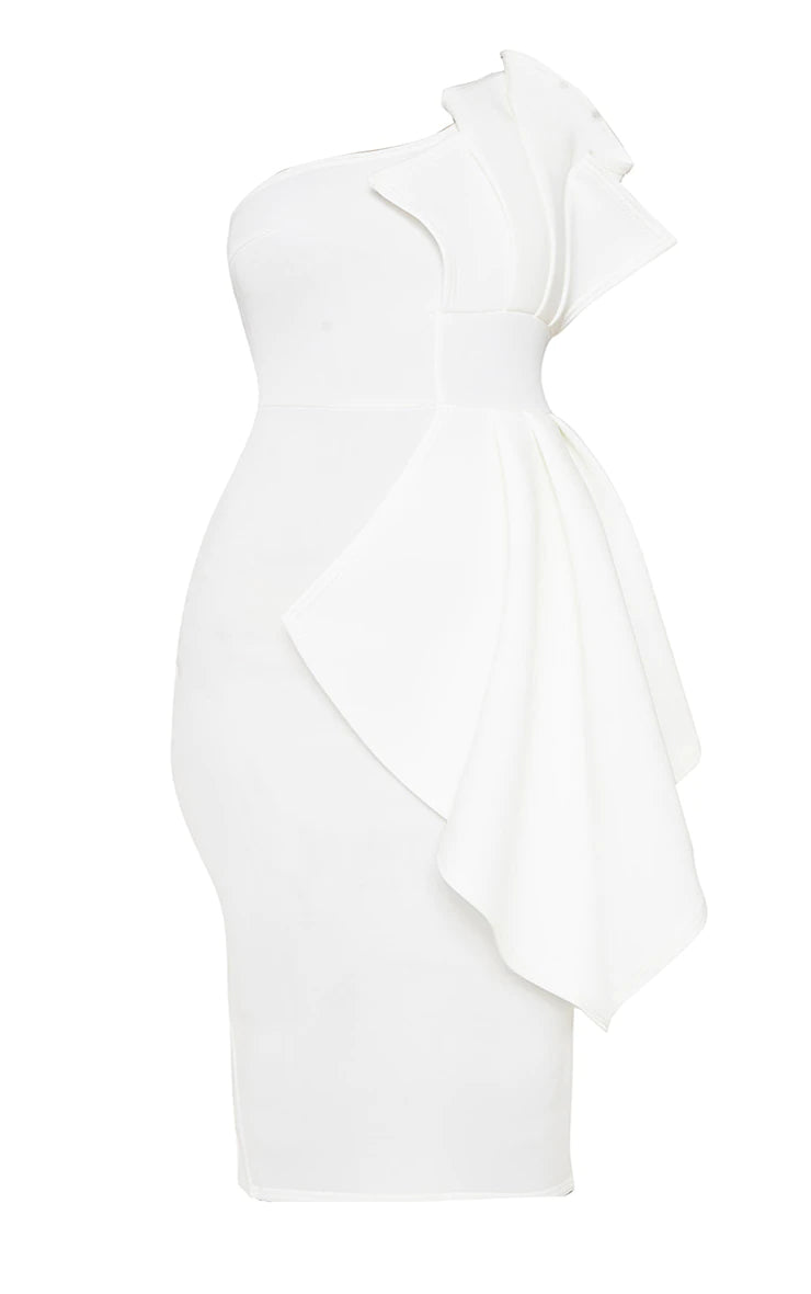 Plus White One Shoulder Pleated Detail Midi Dress