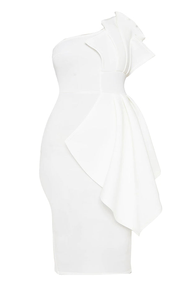 Plus White One Shoulder Pleated Detail Midi Dress