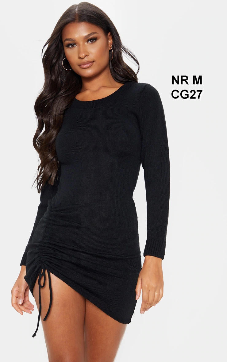 Black Long Sleeve Ruched Asymmetric Knitted Dress