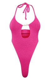 Hot Pink Chunky Rib Knit Chain Bodysuit