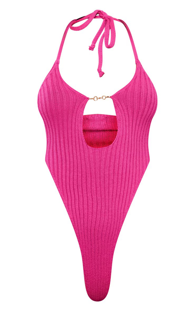Hot Pink Chunky Rib Knit Chain Bodysuit