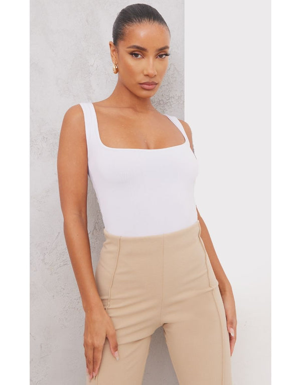 Recycled Basic White Slinky Scoop Neck Bodysuit