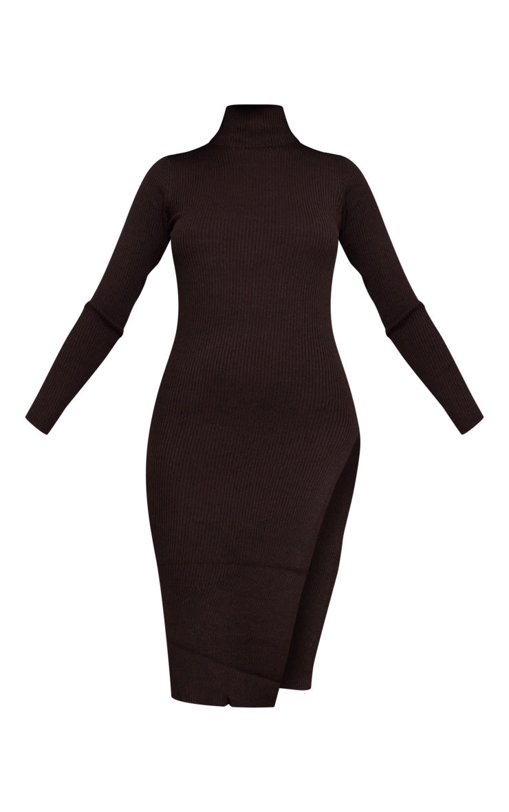 Tall Chocolate Roll Neck Side Split Midi Dress