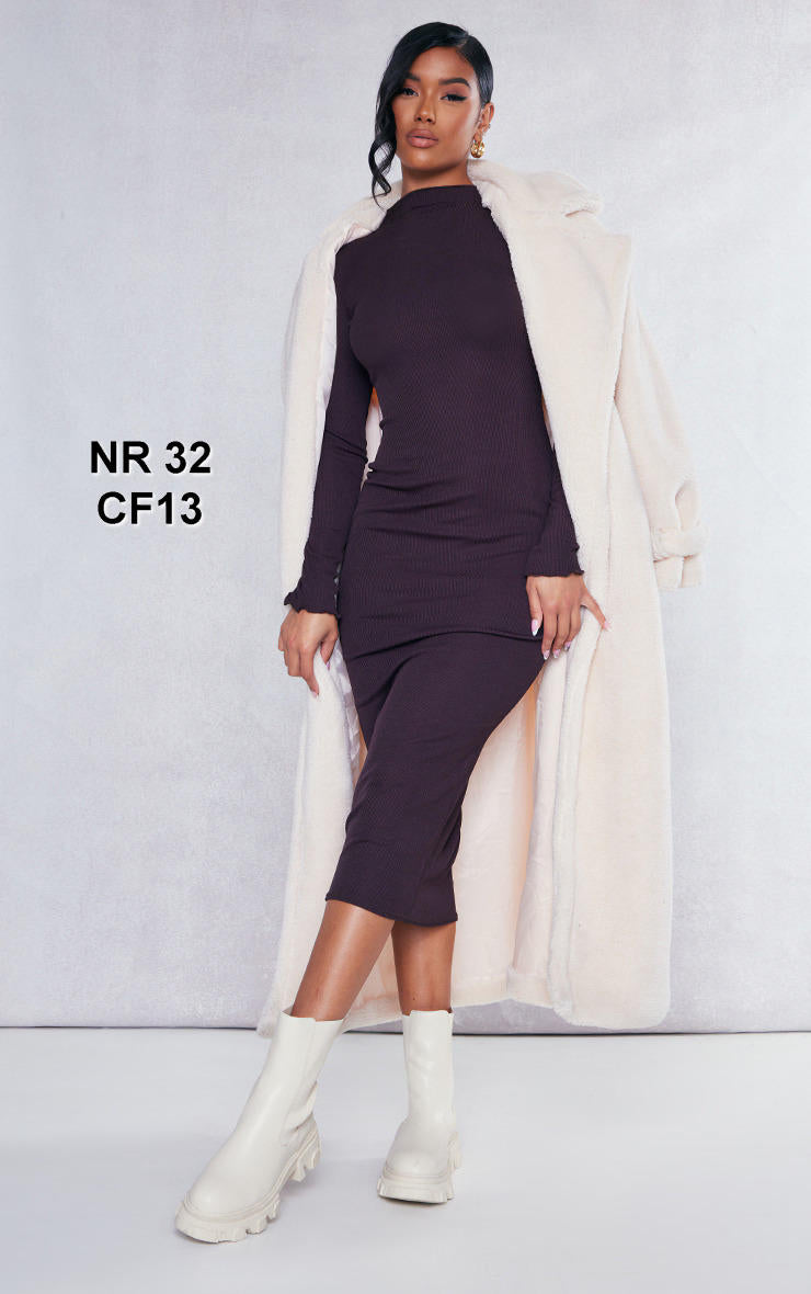 Chocolate Rib Lettuce Hem Long Sleeve Midaxi Dress