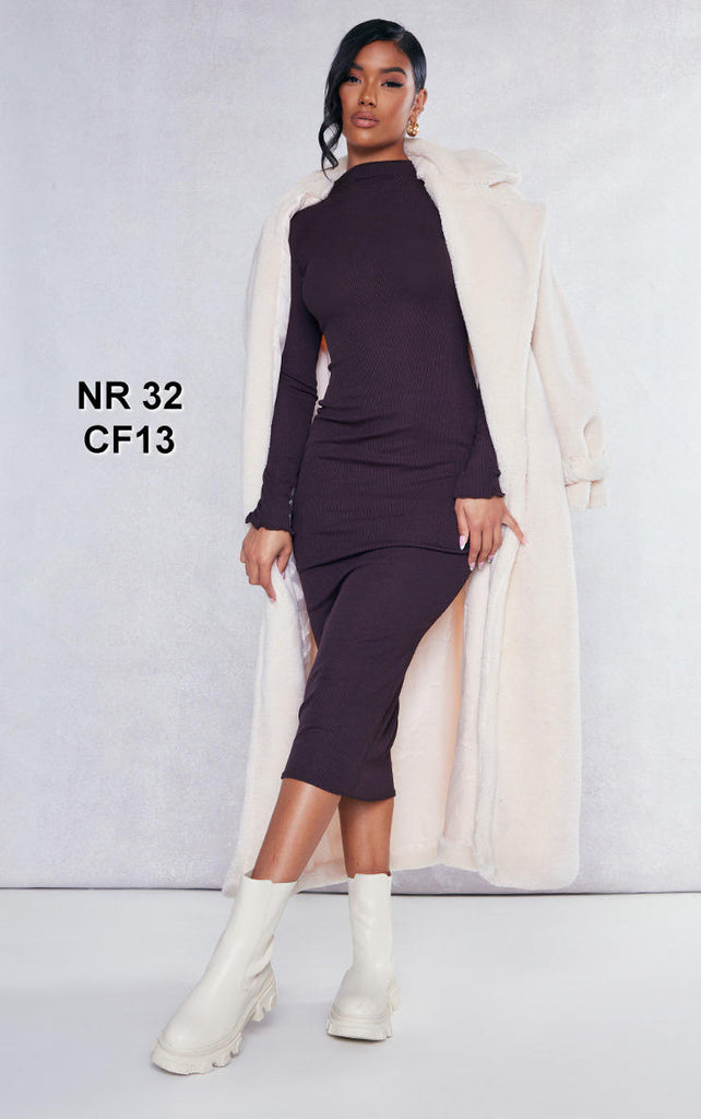 Chocolate Rib Lettuce Hem Long Sleeve Midaxi Dress