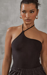Black Slinky Halter Asymmetric Bodysuit