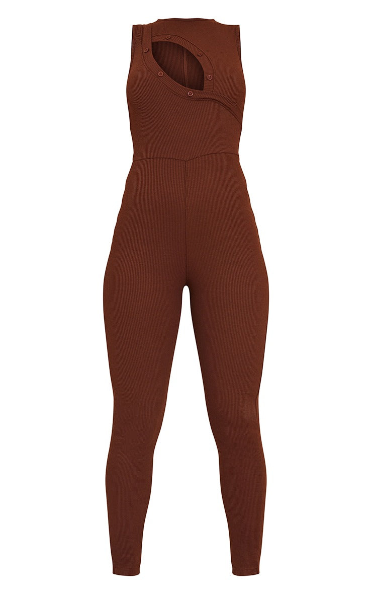 Chocolate Textured Rib Button Front Sleeveless Jumpsuit