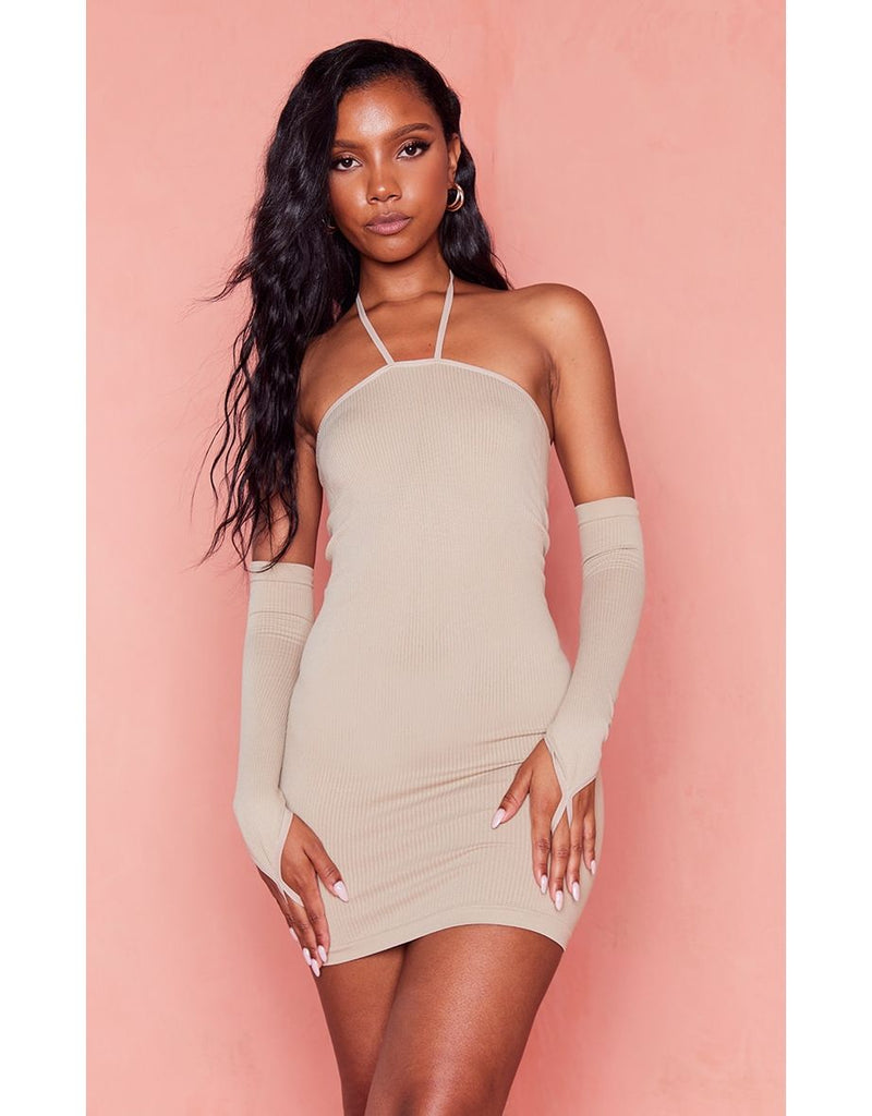 Recycled Taupe Structured Contour Rib Sleeve Detail Bodycon Dress