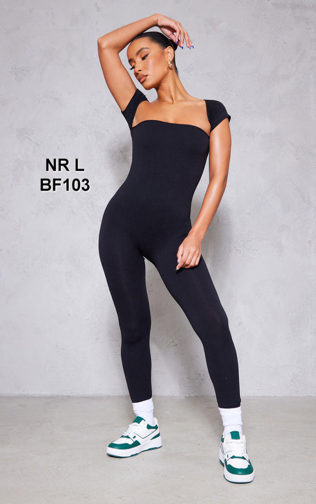 Black Contour Rib Cut Out Cap Sleeve Jumpsuit