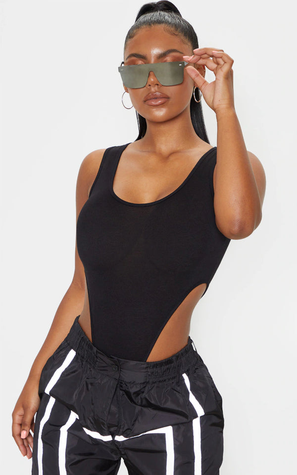 Black Scoop Neck High Leg Bodysuit