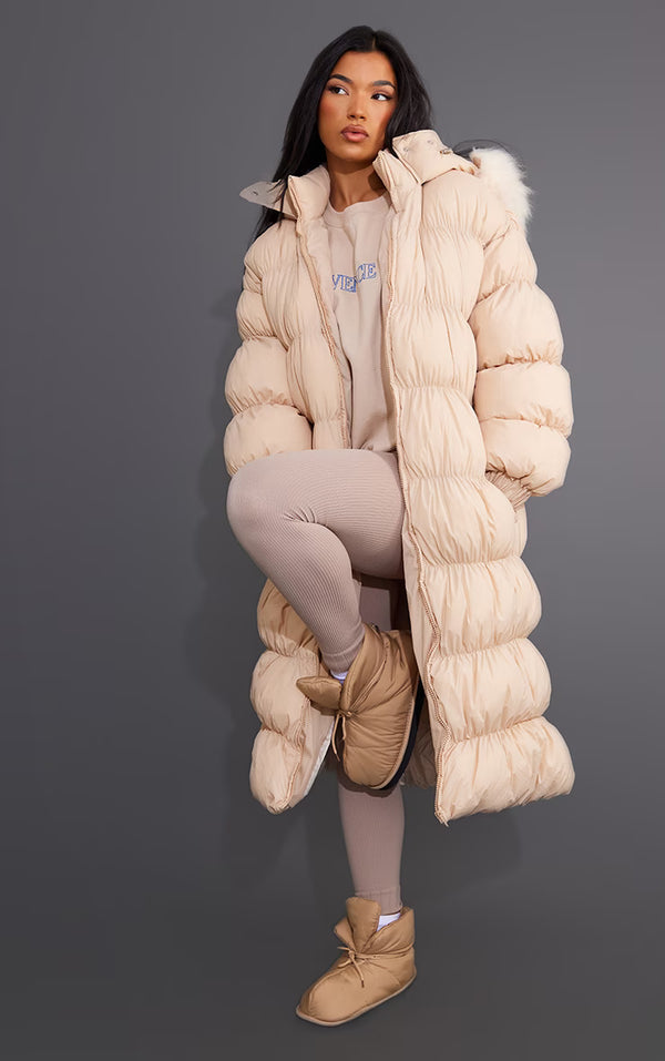 Stone Maxi Length Hooded Bubble Puffer