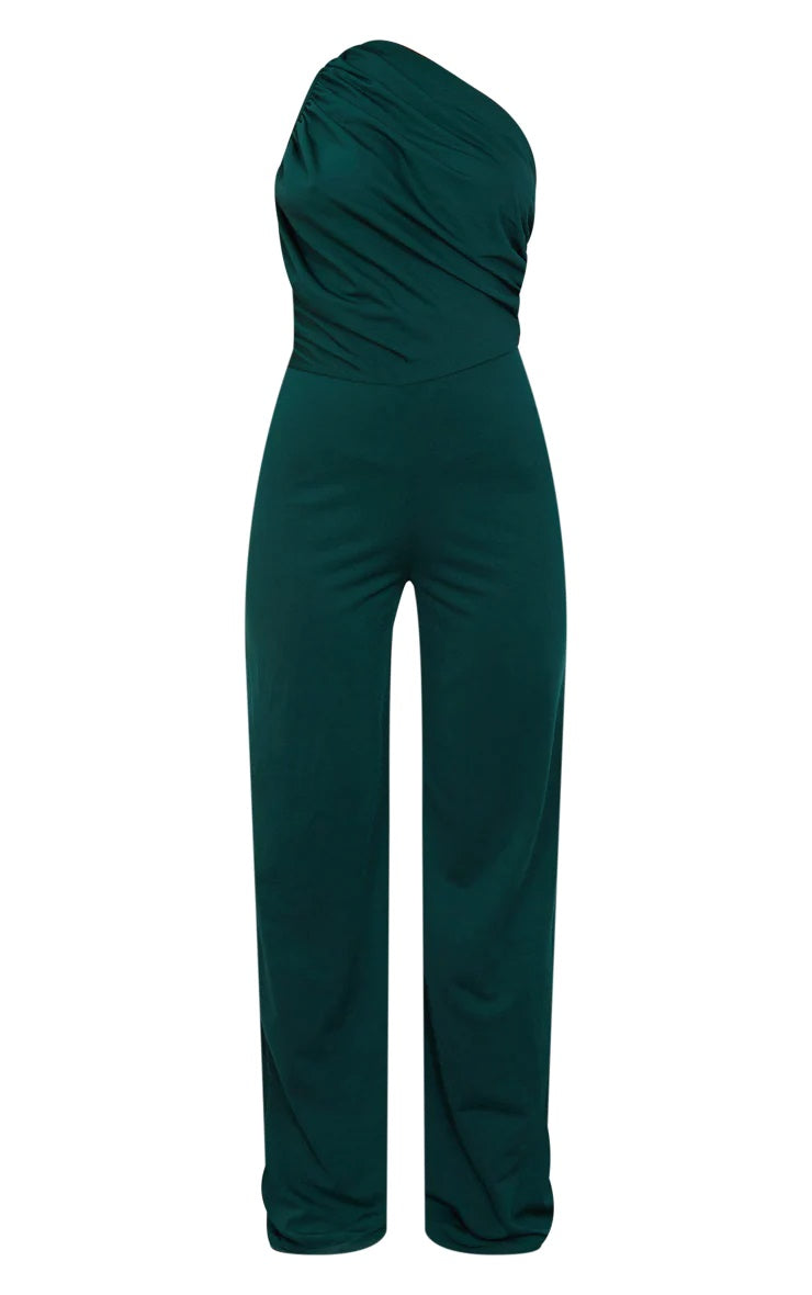 Petite Emerald Green One Shoulder Ruched Wide Leg Jumpsuit