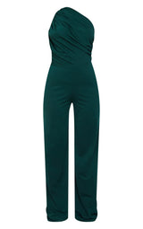 Petite Emerald Green One Shoulder Ruched Wide Leg Jumpsuit
