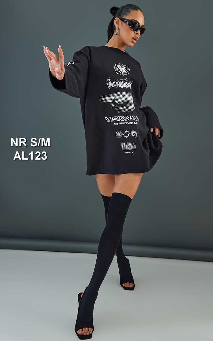 Black Fearless Slogan Oversized Crew Neck Jumper Dress