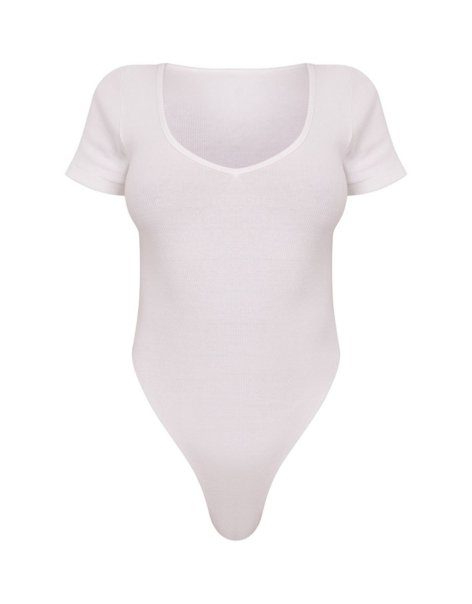 Basic White Rib V Neck Short Sleeve Bodysuit