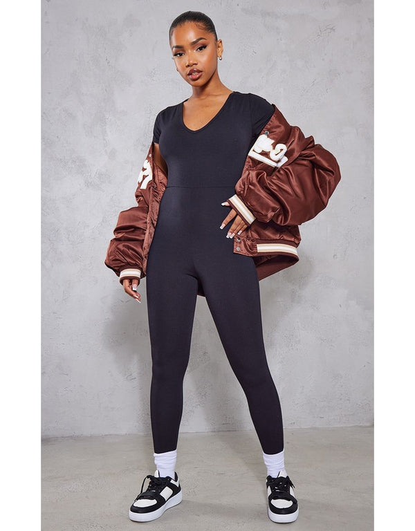 Black V Neck Short Sleeve Jersey Jumpsuit