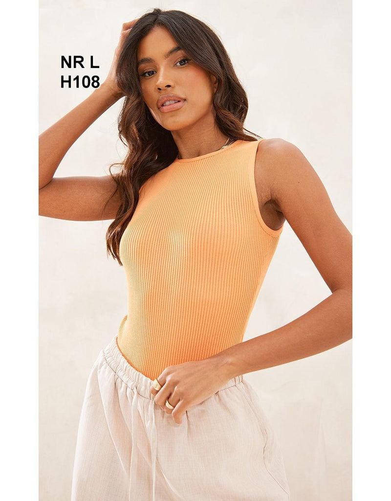 Orange Ribbed Knit Racer Bodysuit
