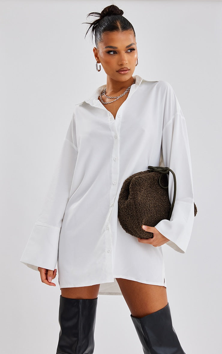 White Poplin Exaggerated Cuff Oversized Shirt Dress
