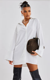 White Poplin Exaggerated Cuff Oversized Shirt Dress