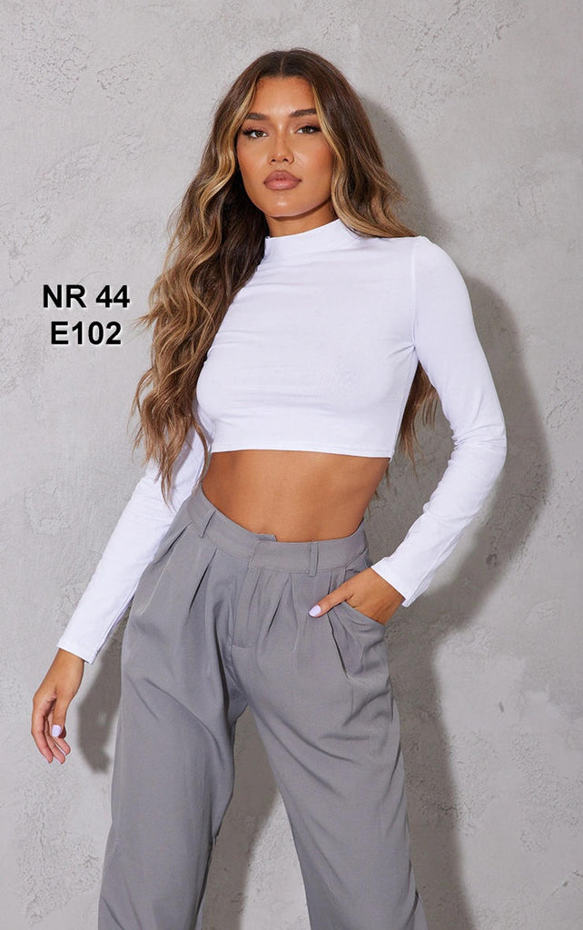 White High Neck Long Sleeve Crop Top