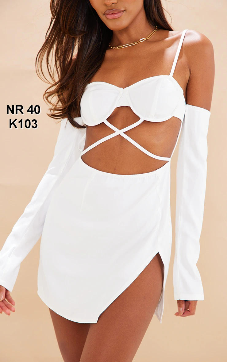 Fustan Bodycon me korse të bardhë, me tela dhe bel të kryqëzuar