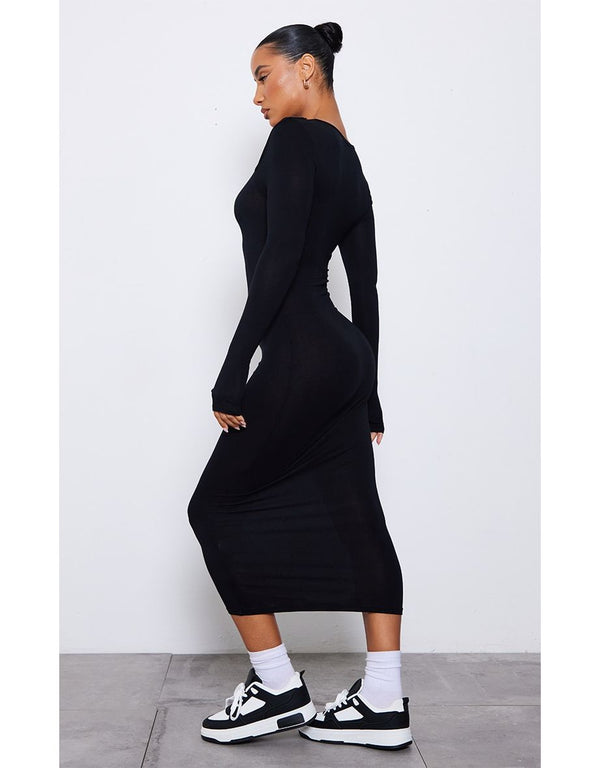 Black Jersey Strap Detail Long Sleeve Midaxi Dress