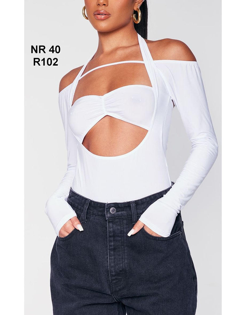 White Slinky Extreme Strappy Cut Out Long Sleeve Bodysuit