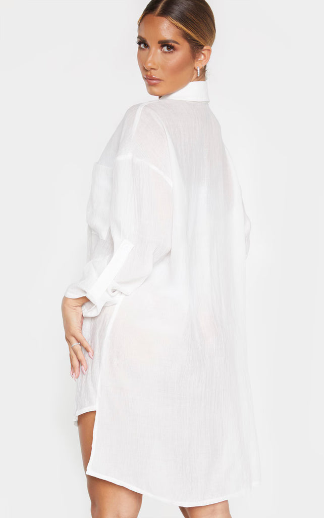 Ecru Oversized Linen Look Beach Shirt Dress