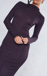 Chocolate Rib Lettuce Hem Long Sleeve Midaxi Dress