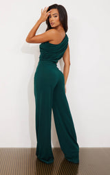 Petite Emerald Green One Shoulder Ruched Wide Leg Jumpsuit