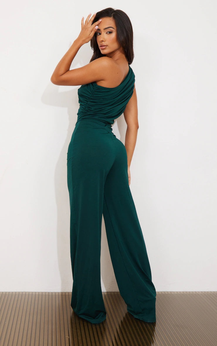 Petite Emerald Green One Shoulder Ruched Wide Leg Jumpsuit