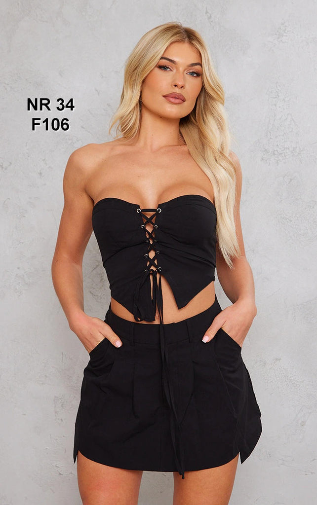 Black Woven Lace Up Front Dip Hem Utility Bandeau Corset Top