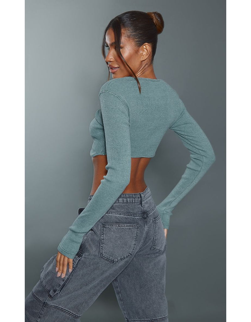 Moss Khaki Acid Wash Curve Hem Long Sleeve Crop Top