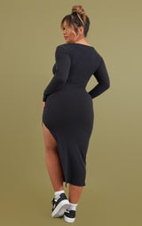 Shape Black Brushed Rib Square Neck Split Side Midi Dress