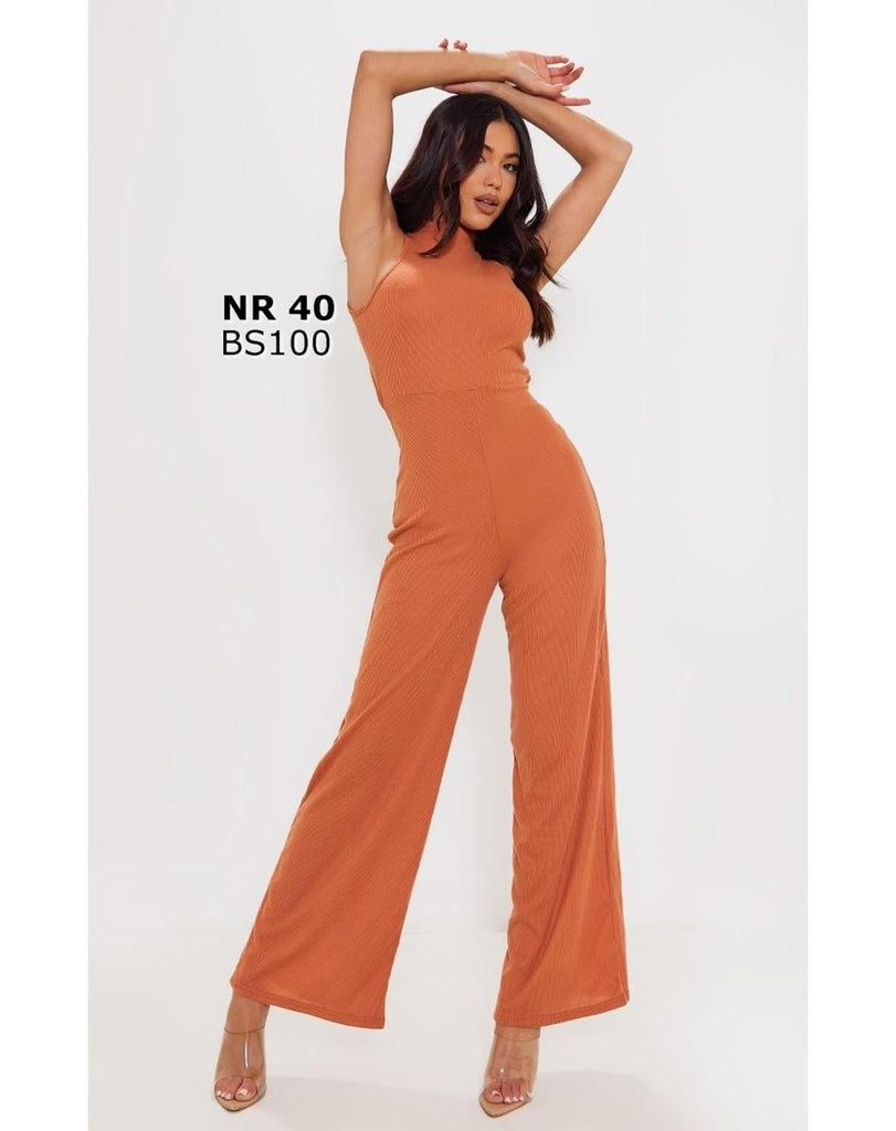 PrettyLittleThing Rust Ribbed High Neck Tie Back Detail Jumpsuit