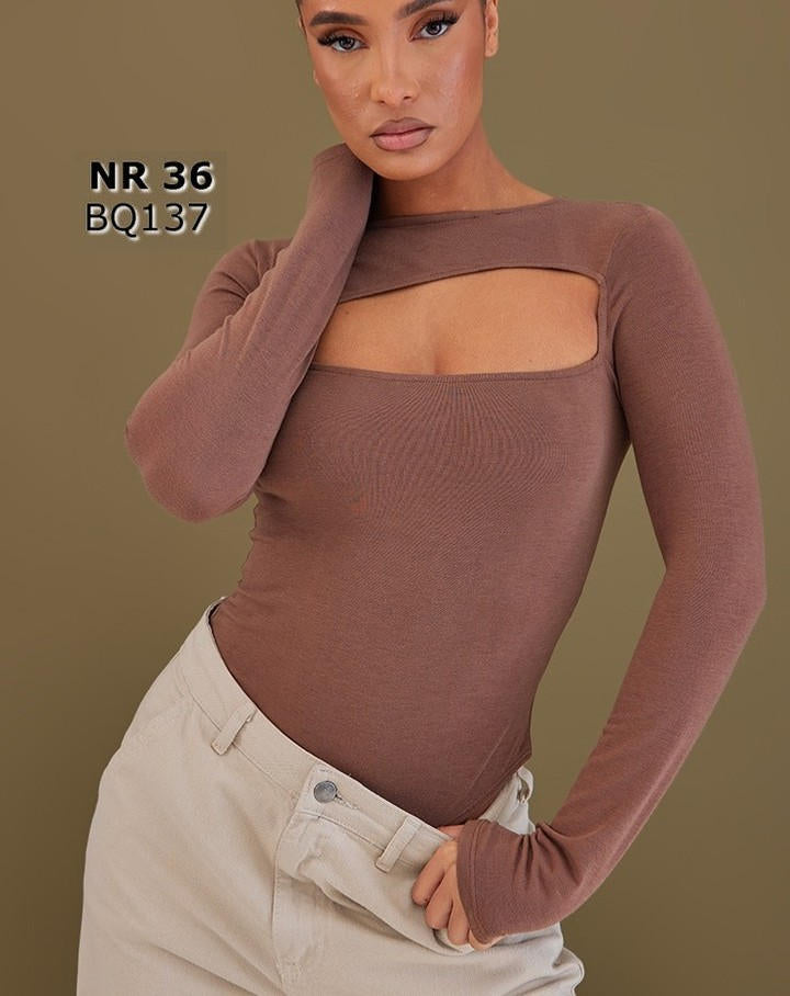 Chocolate Contour Jersey Asymmetric Cut Out Bodysuit