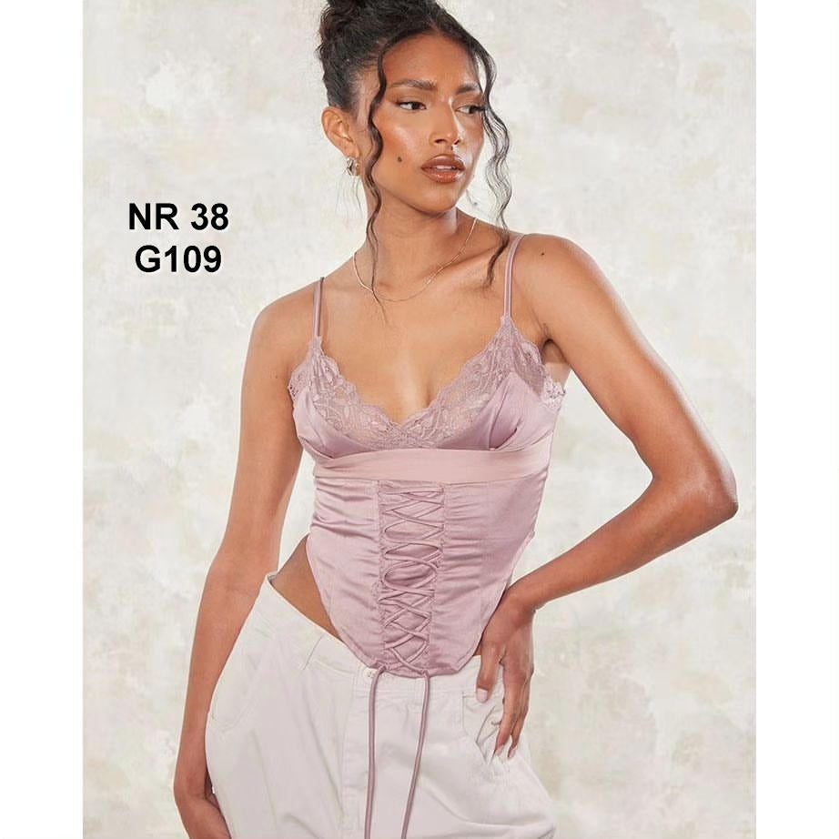 Mauve Satin Lace Insert Tie Corset