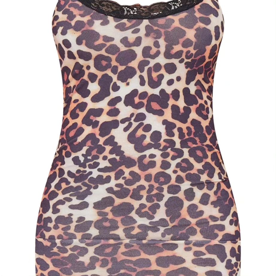 Brown Leopard Print Lace Trim Jersey Nightie